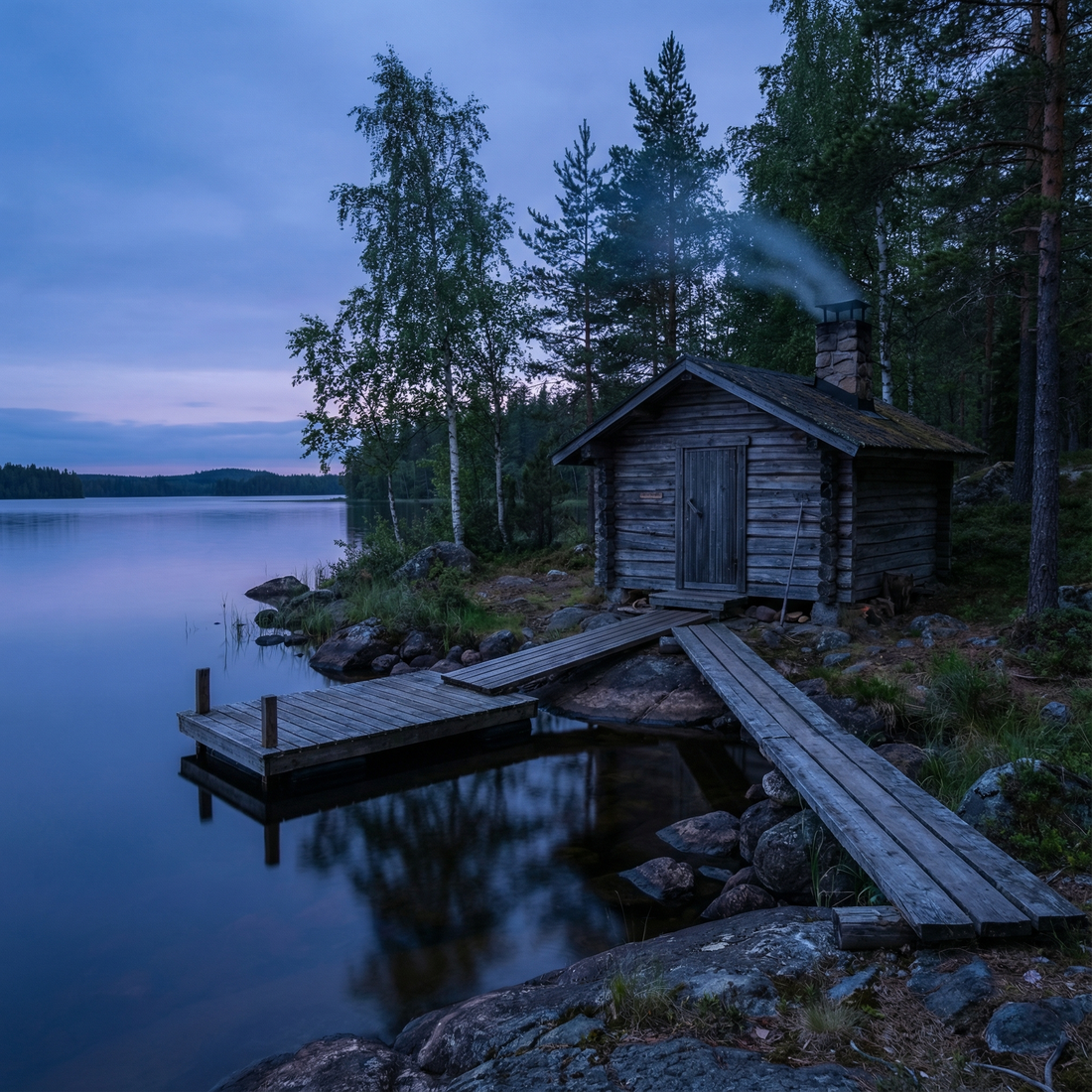 Eine traditionelle holzbeheizte Blockhaus-Sauna an einem finnischen See in der Dämmerung.