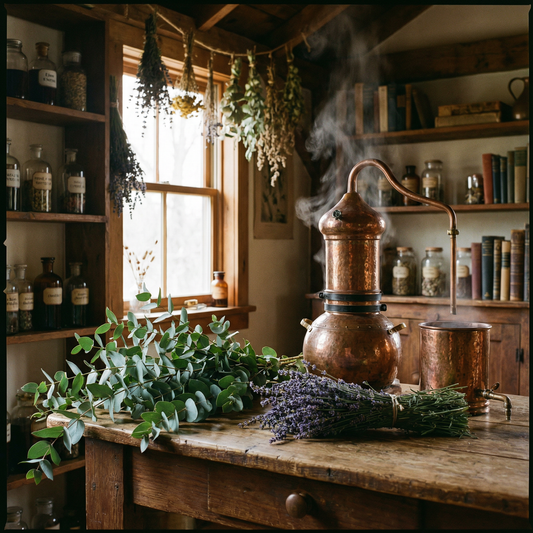 Frische Eukalyptusblätter und Lavendel neben einer traditionellen Destille aus Kupfer.