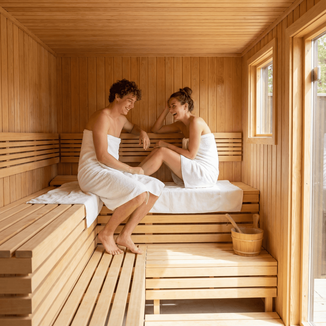 Junge Leute in der Sauna, die korrekt auf ihren Handtüchern sitzen und sich unterhalten.