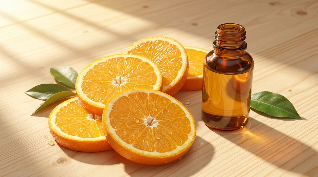 Orange ätherisches Öl in Glasflasche neben frischen Orangenscheiben auf Saunaholz – Gute-Laune-Duft für den Saunaaufguss gegen Winterblues