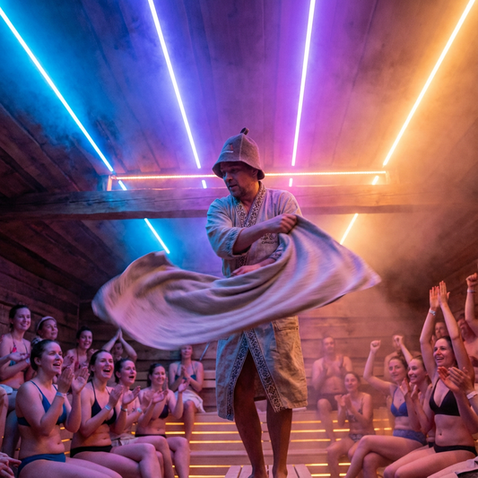 Eventsauna Trends 2025: Show-Aufgüsse mit Lichteffekten und Musik revolutionieren das Saunieren.