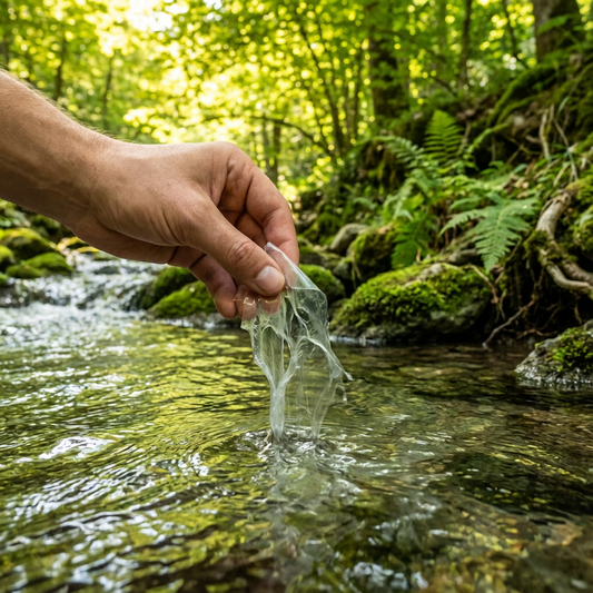Biologisch abbaubare PVA-Folie der Saunadrops löst sich in natürlichem Gewässer auf – unbedenklich für die Umwelt und den natürlichen Wasserkreislauf