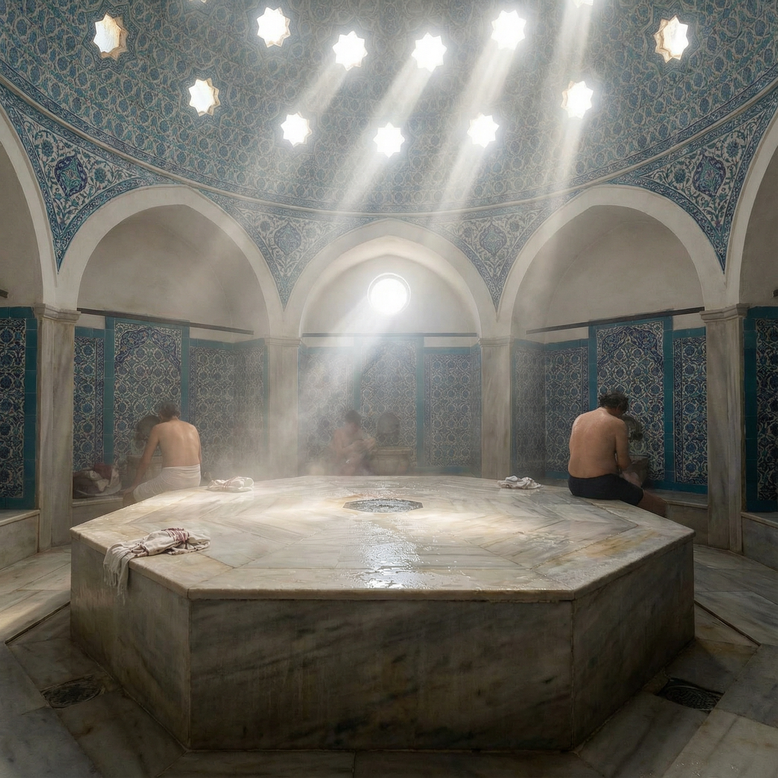 Der zentrale Nabelstein aus Marmor in einem traditionellen Hamam Dampfbad.