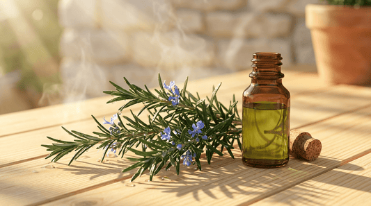 Rosmarin ätherisches Öl in Glasflasche neben frischen Rosmarinzweigen mit Blüten auf hellem Saunaholz – belebender mediterraner Duft für den Saunaaufguss