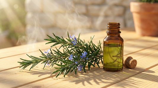 Rosmarin ätherisches Öl in Glasflasche neben frischen Rosmarinzweigen mit Blüten auf hellem Saunaholz – belebender mediterraner Duft für den Saunaaufguss