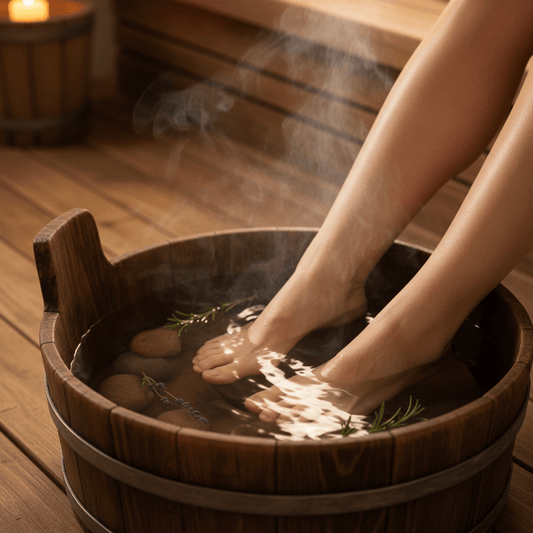 Sauna Fußbad: Füße entspannen in warmem Wasser im rustikalen Holzzuber – traditionelles Kneipp-Ritual vor und nach dem Saunagang