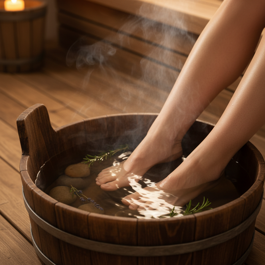 Sauna Fußbad: Füße entspannen in warmem Wasser im rustikalen Holzzuber – traditionelles Kneipp-Ritual vor und nach dem Saunagang