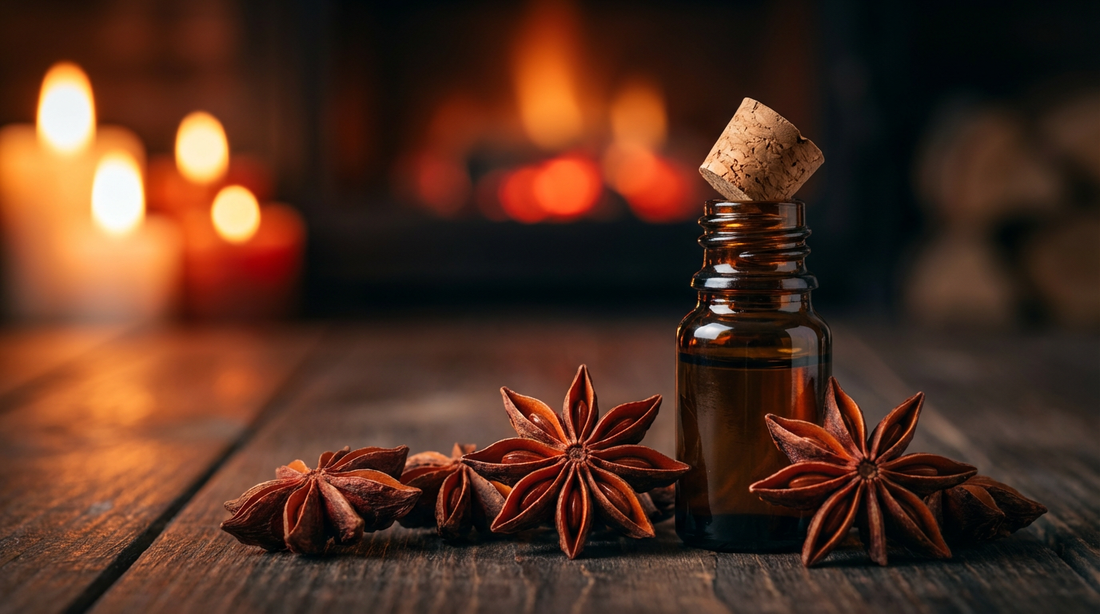 Sternanis ätherisches Öl in dunkler Glasflasche neben getrockneten Sternanis-Sternen auf rustikalem Saunaholz mit warmem Kerzenlicht