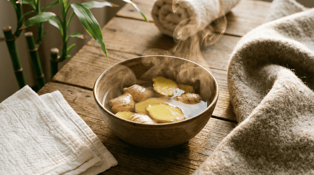Vorbereitung für Ingwerwickel: Frischer Ingwer und Tücher für die Sauna-Ruhephase