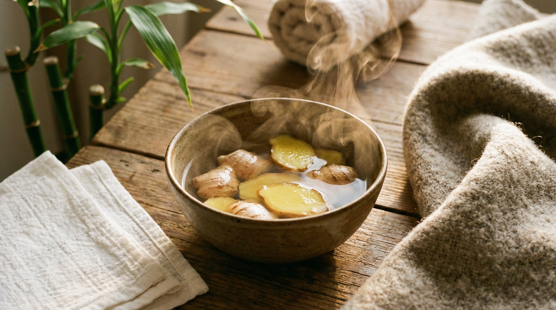 Vorbereitung für Ingwerwickel: Frischer Ingwer und Tücher für die Sauna-Ruhephase