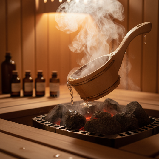 Saunakelle gießt aromatisches Aufgusswasser auf heiße Saunasteine mit aufsteigendem Dampf