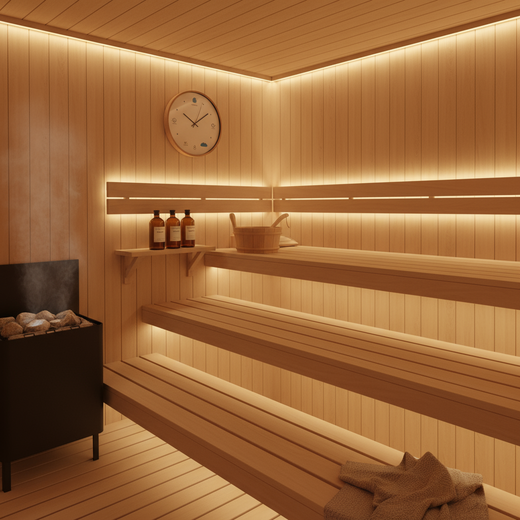 Sauna-Interieur mit Holzbänken und Aufguss-Zubehör für regelmäßige Saunagänge