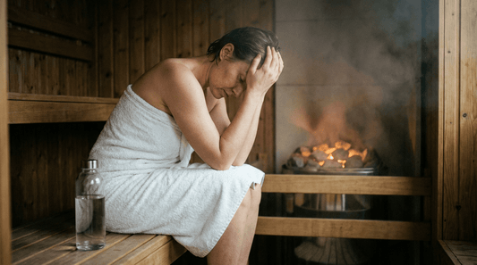 Person sitzt erschöpft auf der unteren Saunabank mit Kopf in den Händen und Wasserflasche daneben als Zeichen für Sauna Überdosis Symptome