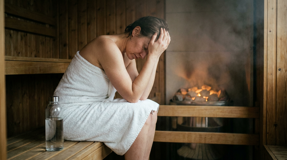 Person sitzt erschöpft auf der unteren Saunabank mit Kopf in den Händen und Wasserflasche daneben als Zeichen für Sauna Überdosis Symptome