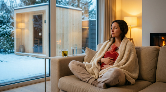 Frau mit Wärmflasche auf dem Sofa blickt sehnsüchtig auf ihre Gartensauna im Wintergarten, Blasenentzündung erfordert Saunapause