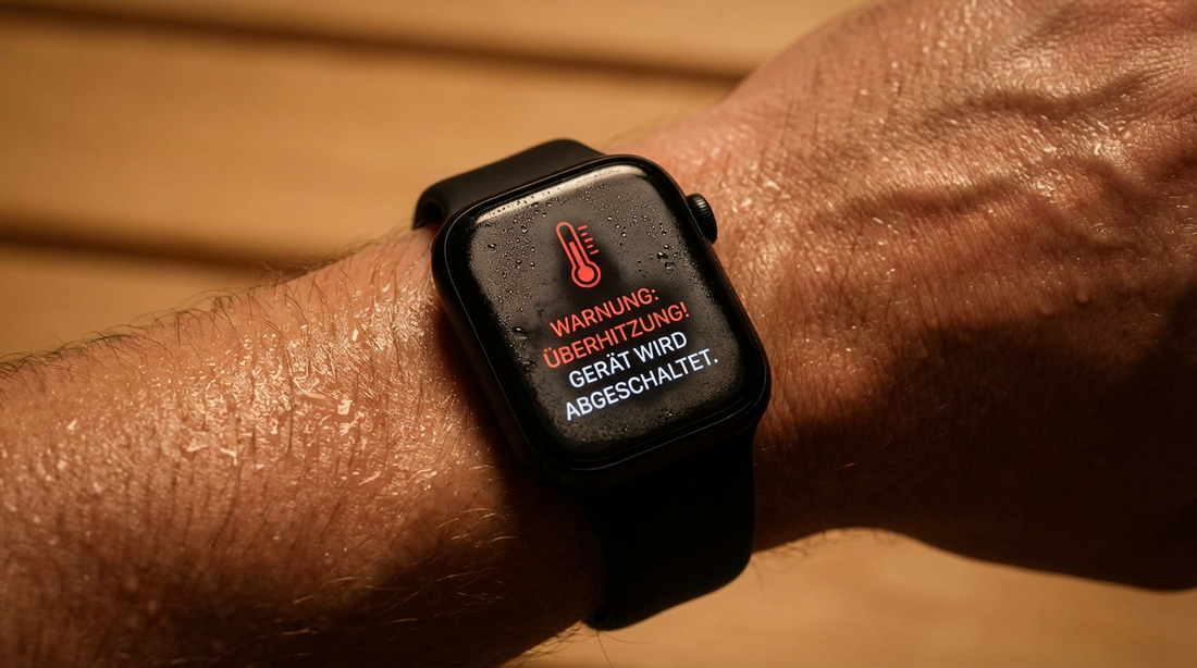 Smartwatch mit Überhitzungswarnung in der Sauna, beschlagenes Display zeigt Temperaturwarnung