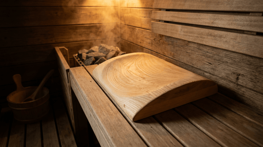 Ergonomische Sauna-Kopfstütze aus hellem Espenholz auf einer Saunabank in einer finnischen Holzsauna mit warmem Licht und aufsteigendem Dampf
