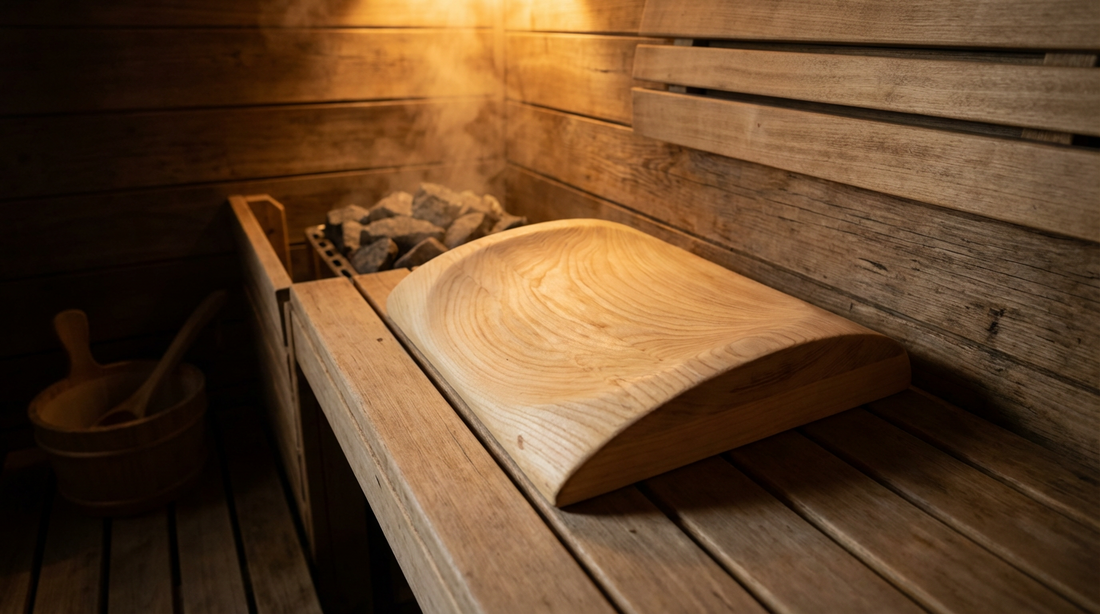 Ergonomische Sauna-Kopfstütze aus hellem Espenholz auf einer Saunabank in einer finnischen Holzsauna mit warmem Licht und aufsteigendem Dampf