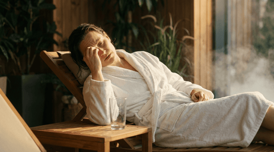 Erschöpfte Person im Bademantel hält sich den Kopf nach Beschwerden nach der Sauna im Ruhebereich