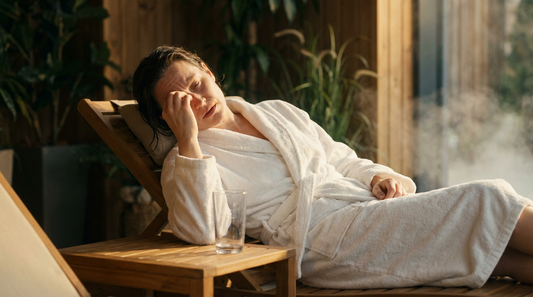 Erschöpfte Person im Bademantel hält sich den Kopf nach Beschwerden nach der Sauna im Ruhebereich
