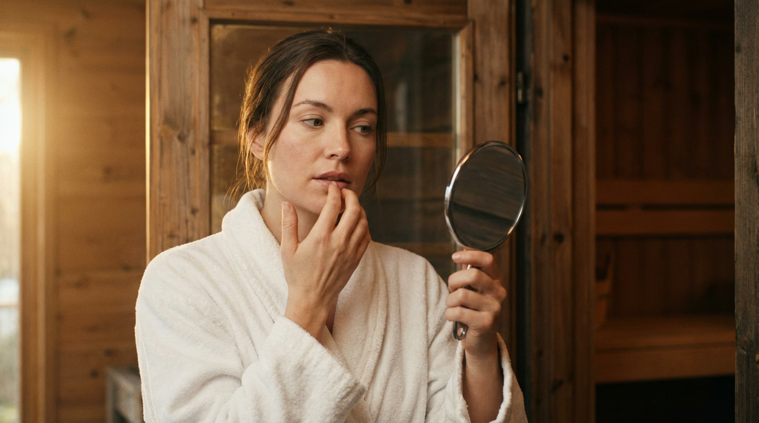 Frau im Bademantel prüft vor dem Saunabesuch nachdenklich ihre Lippe im Handspiegel für Herpes-Entscheidung