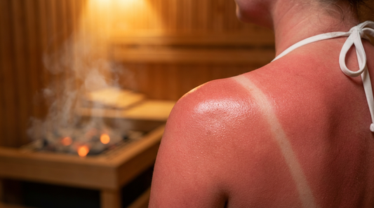 Nahaufnahme einer sonnenverbrannten Schulter mit roter gespannter Haut vor unscharfem Sauna-Hintergrund als Warnung vor Hitze bei Sonnenbrand
