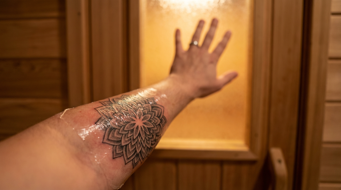 Frisch tätowierter Unterarm mit Schutzfolie vor einer Saunatür als Symbol für die Wartezeit zwischen Tattoo und erstem Saunagang