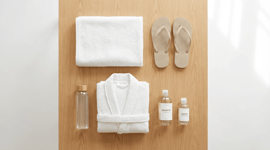 Flatlay der 5 Sauna Must-haves Handtuch Schlappen Bademantel Duschgel und Wasserflasche auf hellem Holz