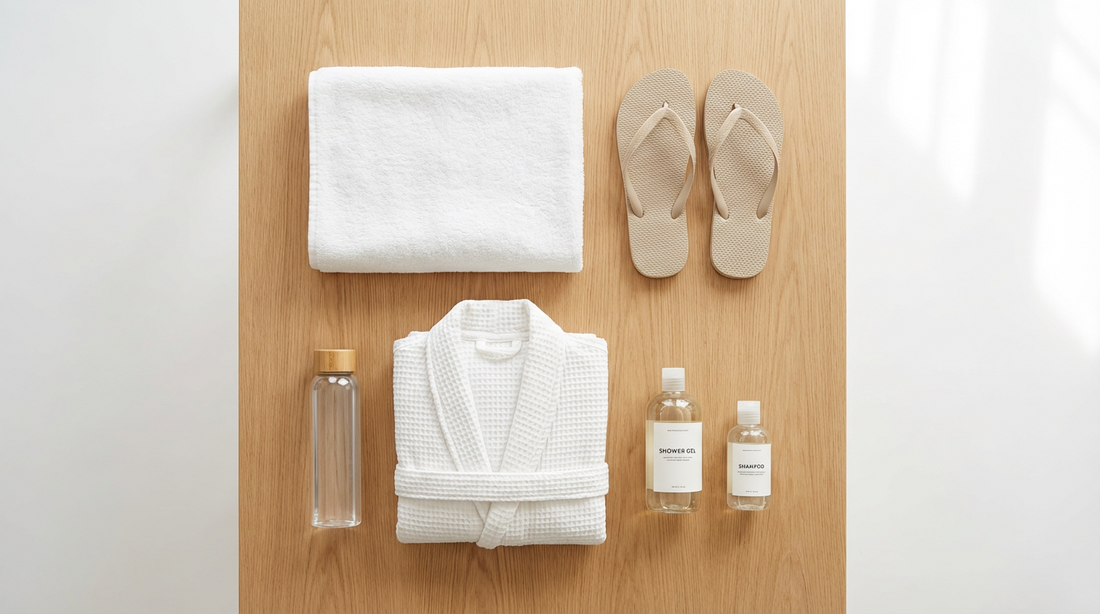 Flatlay der 5 Sauna Must-haves Handtuch Schlappen Bademantel Duschgel und Wasserflasche auf hellem Holz