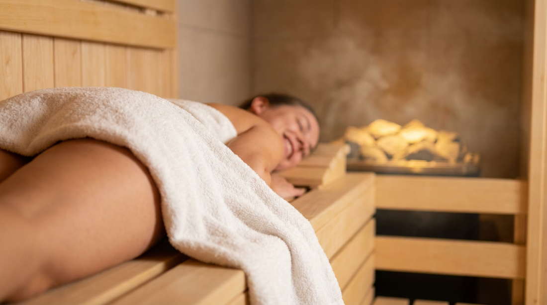 Person liegt entspannt auf Saunabank warmes Licht Fokus auf Rückenbereich bei Bandscheibenvorfall