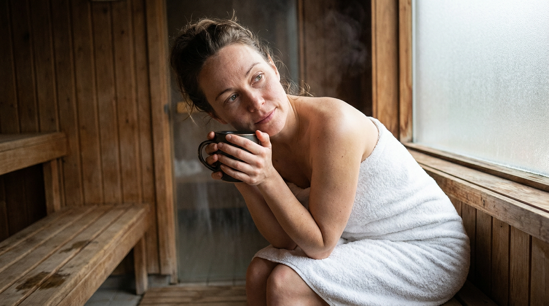 Frau entspannt im Saunabereich mit Teetasse - symbolisiert Erholung nach Blasenentzündung