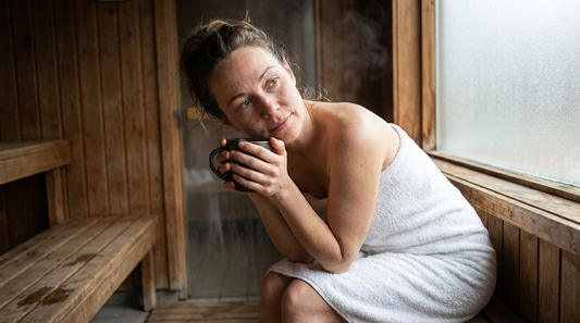 Frau entspannt im Saunabereich mit Teetasse - symbolisiert Erholung nach Blasenentzündung