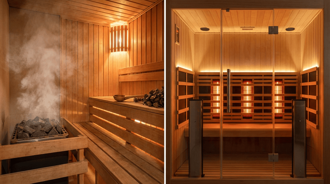 Vergleich zwischen finnischer Holzsauna mit heißen Steinen und moderner Infrarotkabine mit leuchtenden Strahlern