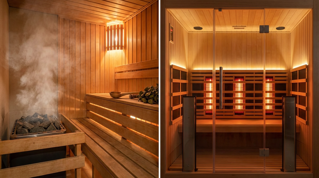 Vergleich zwischen finnischer Holzsauna mit heißen Steinen und moderner Infrarotkabine mit leuchtenden Strahlern