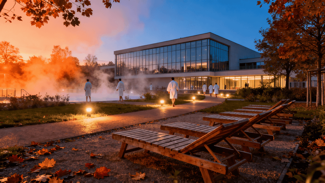 Beispielbild: Saunagarten der Thermenwelt Weiden bei Abenddämmerung mit beleuchteten Liegen und aufsteigendem Dampf