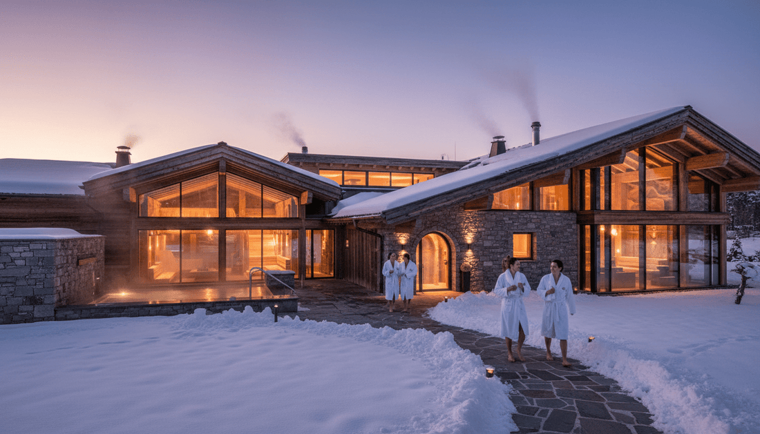 Eingang zu einer modernen Saunalandschaft in Nürnberg mit bayerischem Alpendesign und warmer Beleuchtung