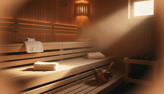 Traditionelle finnische Sauna in München mit warmer Holzverkleidung, aufsteigendem Dampf und typischem Aufgusszubehör