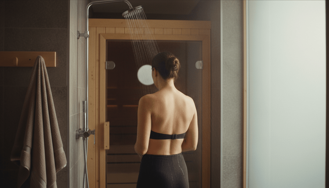 Person duscht vor dem Saunagang in einem modernen Wellnessbereich mit Holzelementen