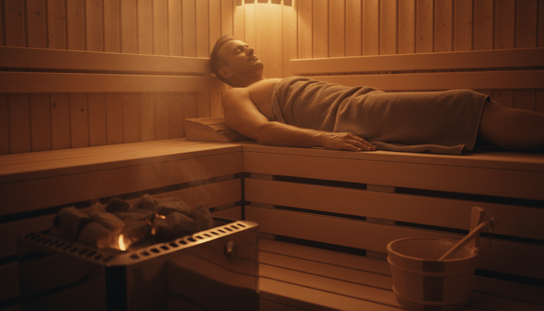 Mann entspannt auf Holzbank in traditioneller finnischer Sauna mit dampfenden Saunasteinen und warmem Licht
