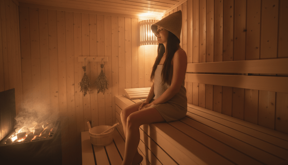 Frau mit Filz-Saunahut in finnischer Holzsauna schützt ihre langen Haare vor der Hitze