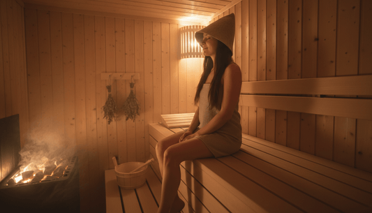 Frau mit Filz-Saunahut in finnischer Holzsauna schützt ihre langen Haare vor der Hitze