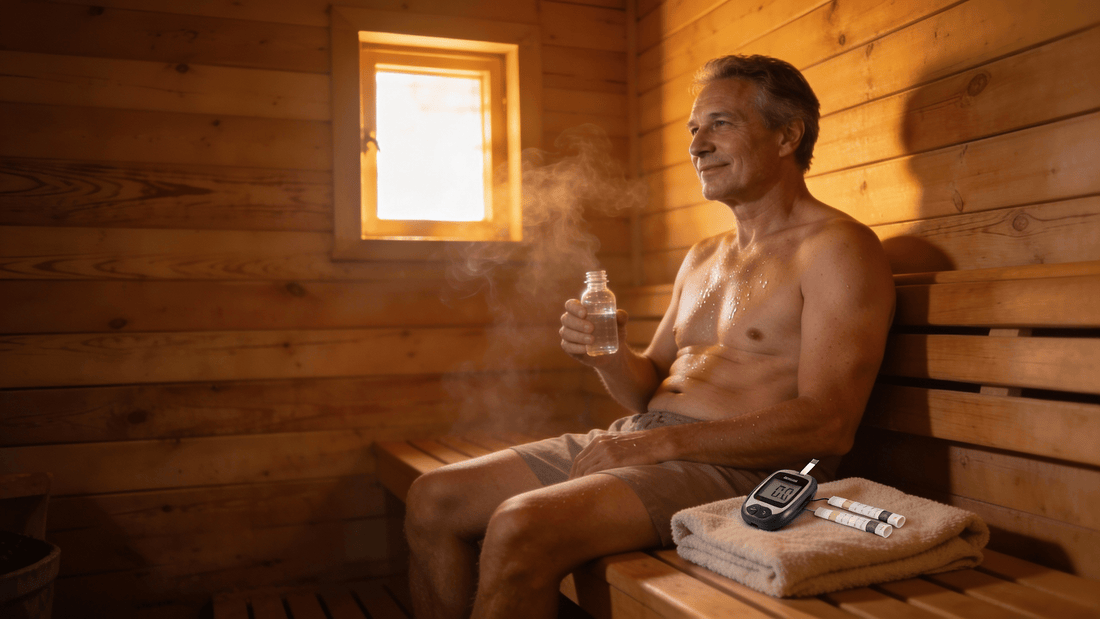 Diabetiker entspannt in der Sauna mit Blutzuckermessgerät und Wasserflasche griffbereit