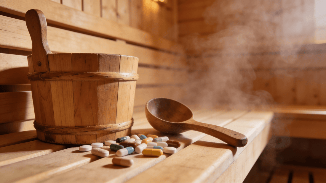 Verschiedene Medikamente neben einem Sauna-Aufgusskübel auf Holzbank