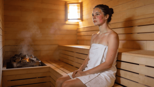 Frau mit ungeschminktem Gesicht entspannt in einer finnischen Sauna aus hellem Holz