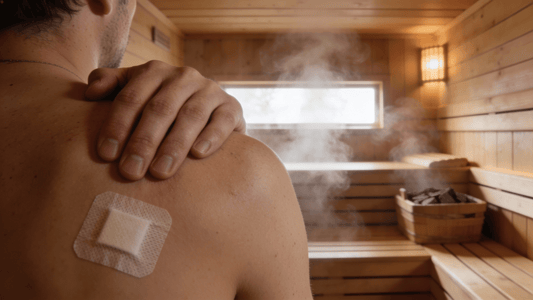 Person mit Verband in Sauna-Atmosphäre symbolisiert Wartezeit nach OP vor dem Saunabesuch