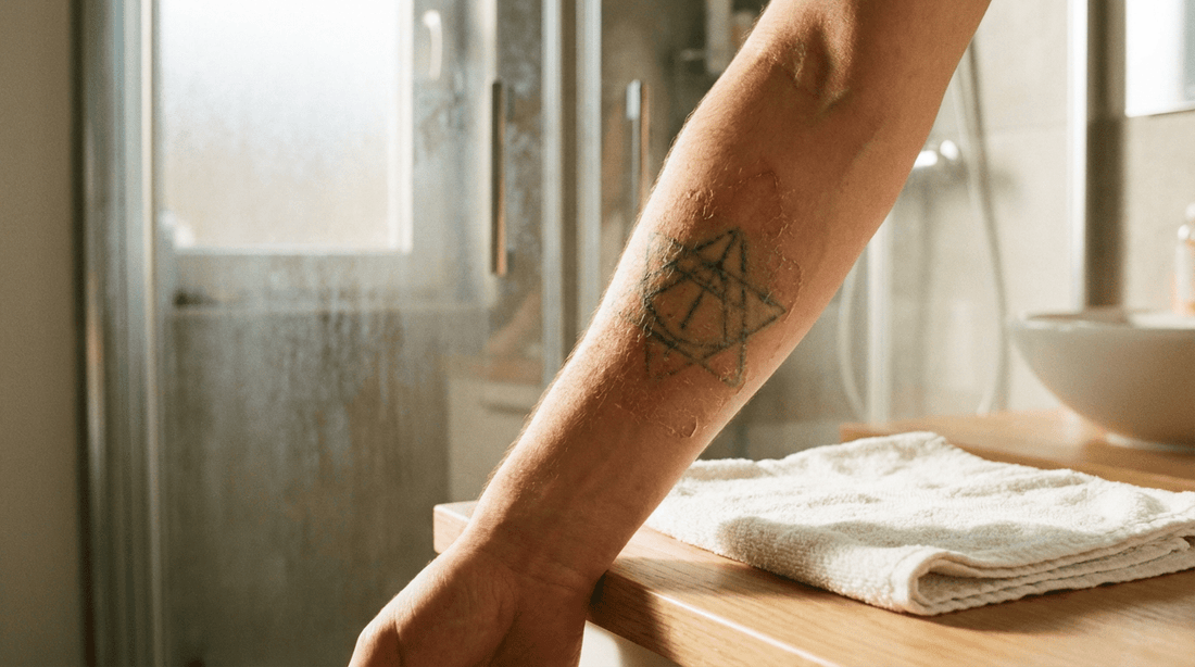 Person mit verblassendem Tattoo am Unterarm nach Laserbehandlung in natürlichem Licht