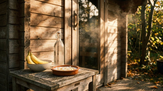 Holzsauna im Garten mit Bananen, Wasserflasche und Joghurt auf einem Beistelltisch als ideale Snacks vor dem Saunagang