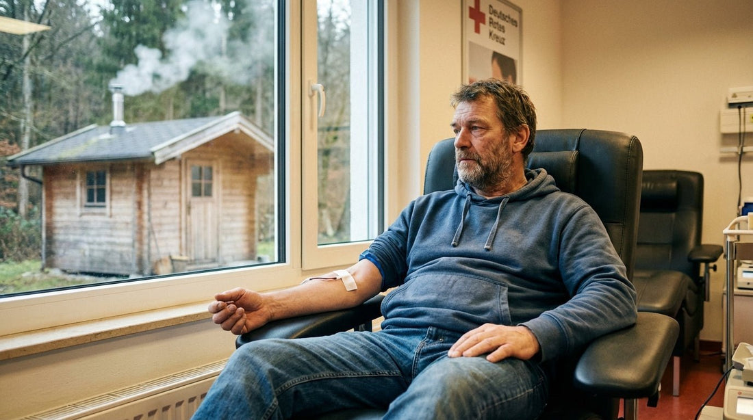Mann nach Blutspende mit Blick auf Sauna im Hintergrund - Wartezeit beachten