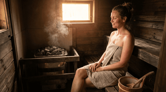 Entspannte Frau in traditioneller Holzsauna nach Botox Behandlung wartet auf den richtigen Zeitpunkt für den Saunagang