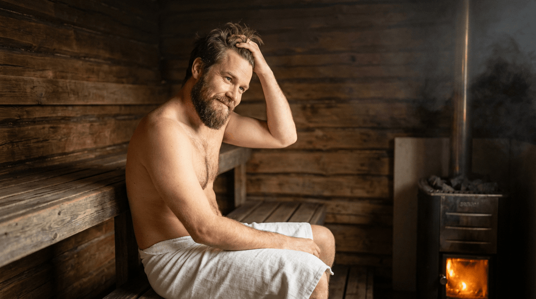 Mann mit vollem Haar entspannt in finnischer Sauna nach erfolgreicher Haartransplantation